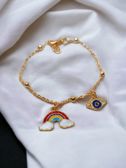 Anti Tarnish Chain Bracelet With 2 Unique Charms (Rainbow And Evil Eye)