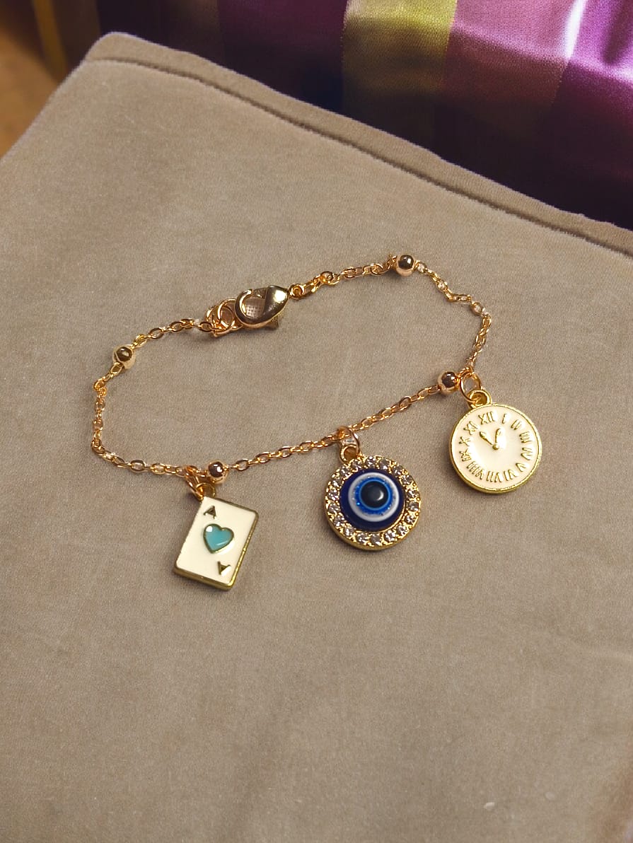 Evil eye symbol Anti tarnish bracelet with 2 quirky charms