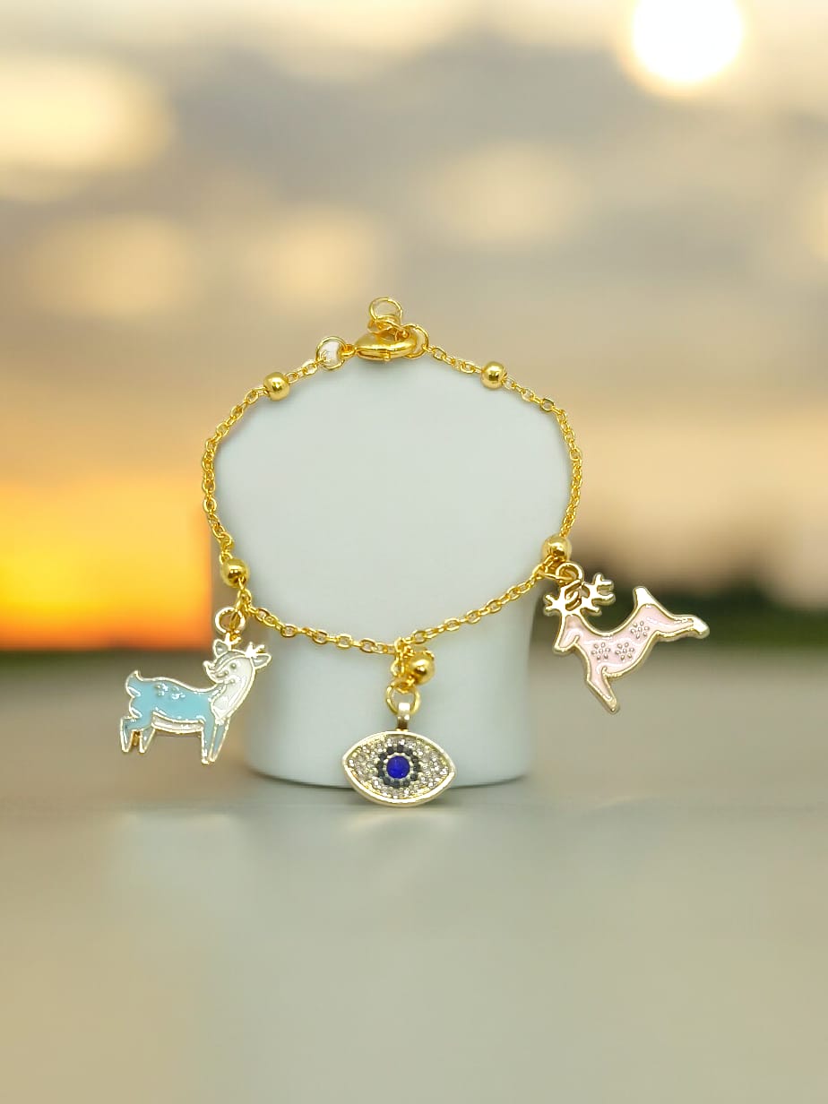 Anti tarnish bracelet with Evil eye and 2 deer charms