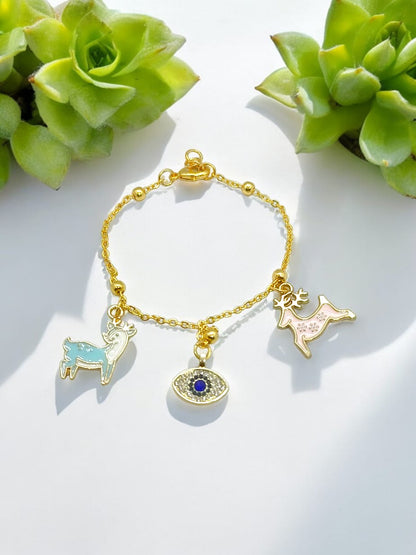 Anti tarnish bracelet with Evil eye and 2 deer charms