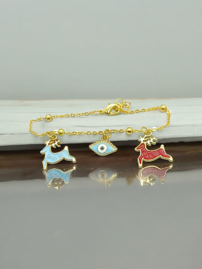 Anti tarnish bracelet with Evil eye and cute deer charms