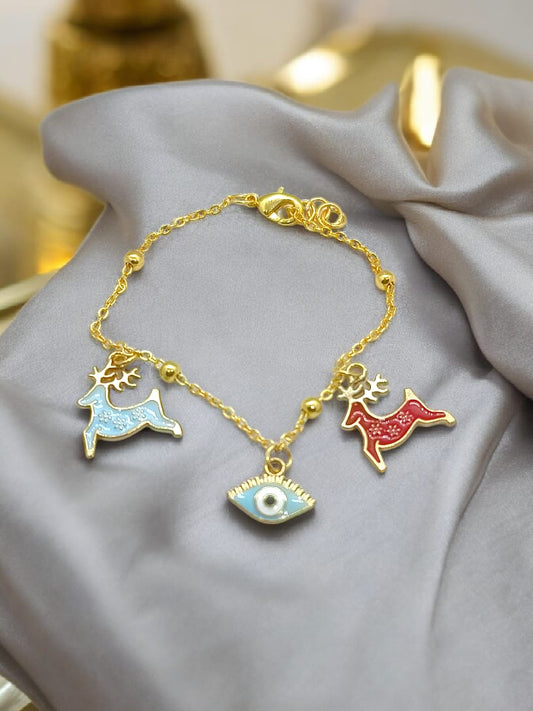 Anti tarnish bracelet with Evil eye and cute deer charms