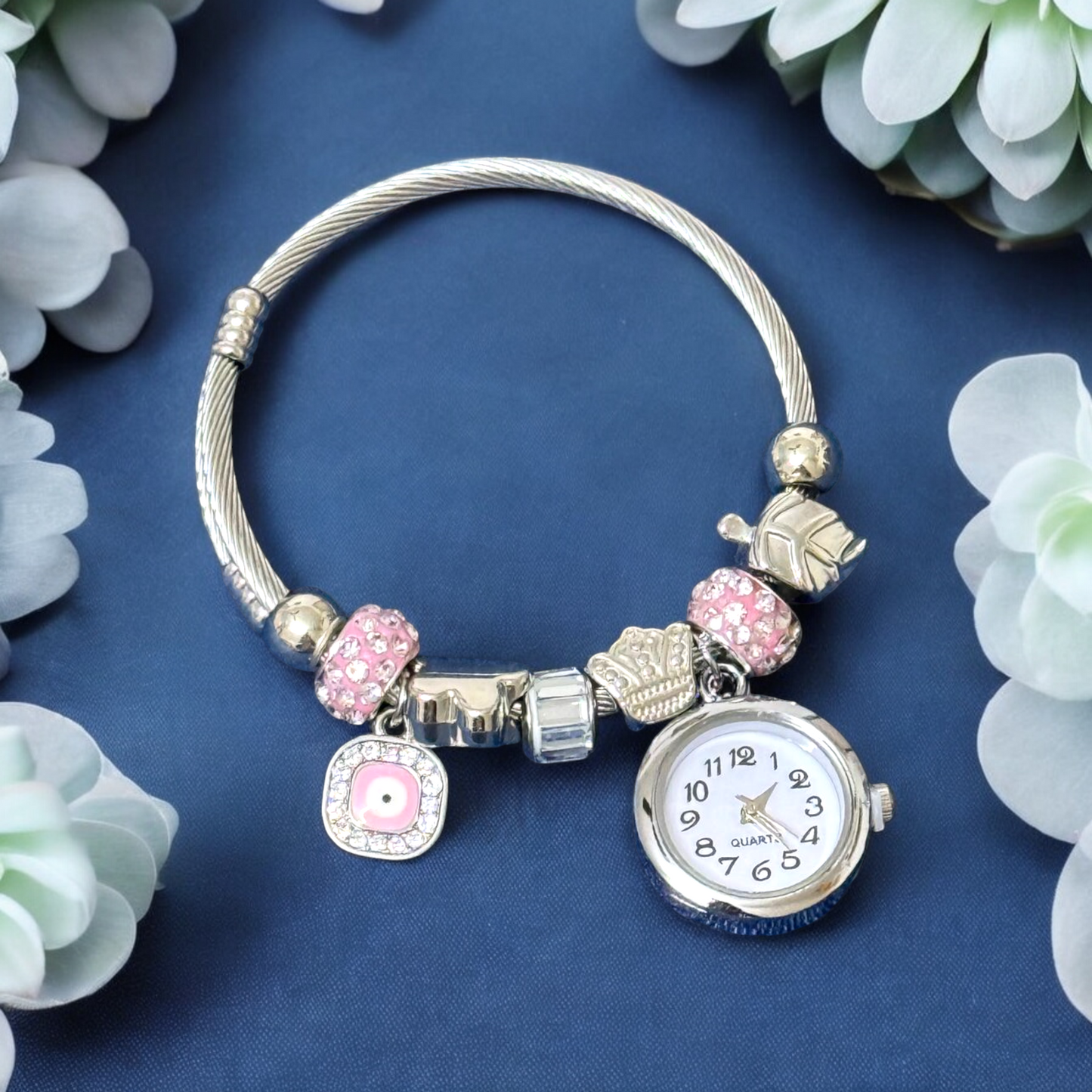 Silver Bracelet Kada with Multiple charms and a Beautiful Nostalgic Watch