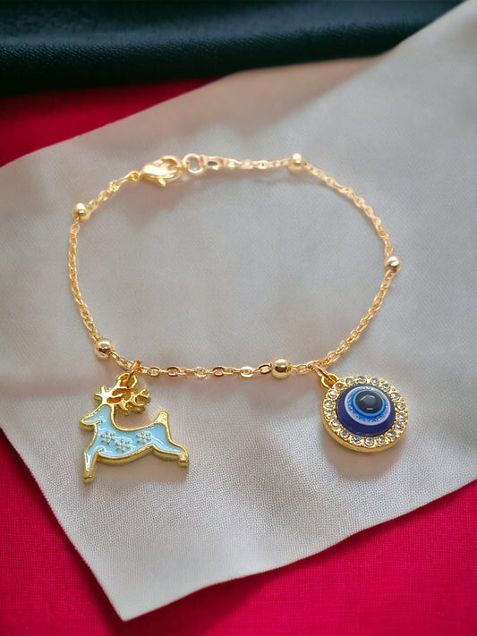 Anti Tarnish Chain Bracelet With 2 Unique Charms (Blue Deer And Evil Eye)