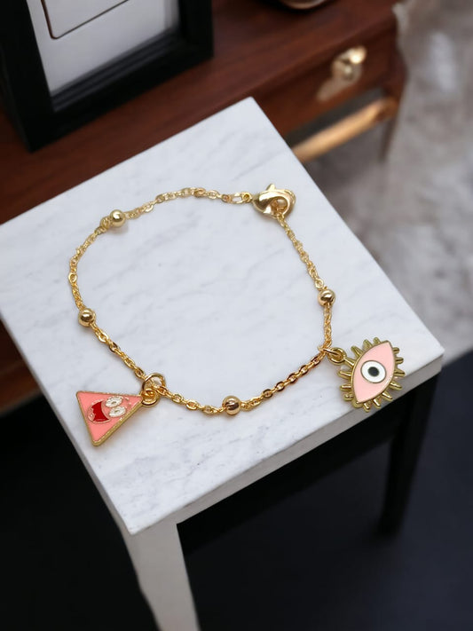 Anti Tarnish Chain Bracelet With 2 Unique Charms (Pizza And Evil Eye)