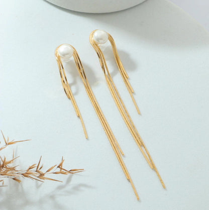 Stunning Gold Pearl Long Earrings