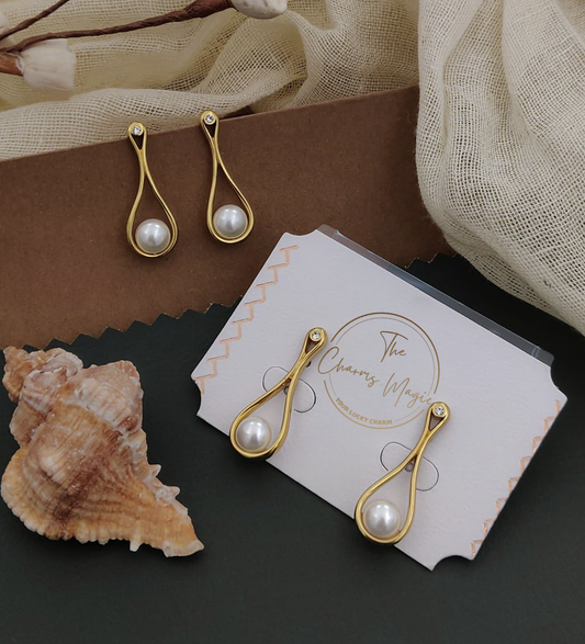 Water Drop with Pearl Design Hoops Anti Tarnish steel Gold plated