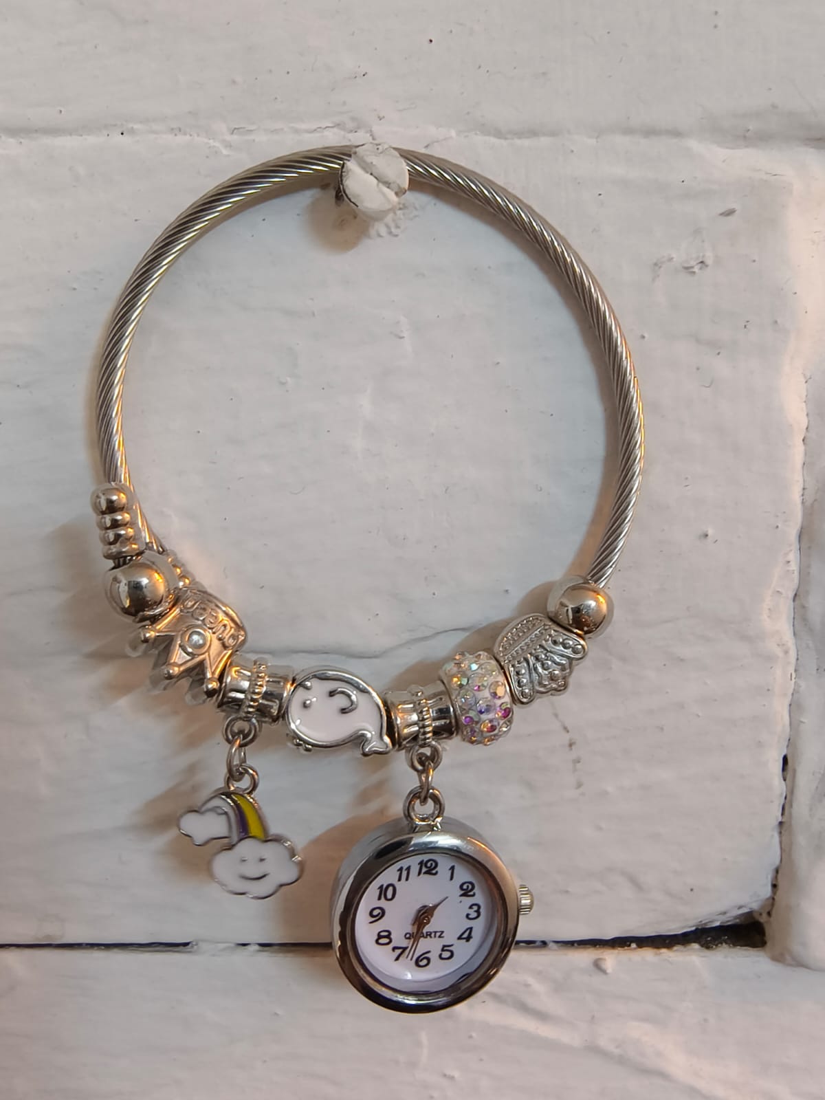 Silver Bracelet Kada with Multiple charms and a Beautiful Nostalgic Watch