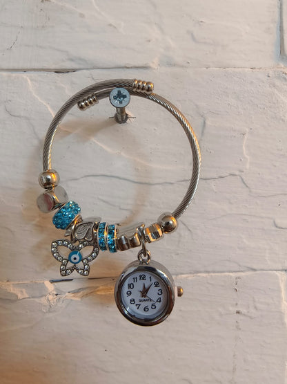 Silver Bracelet Kada with Multiple charms and a Beautiful Nostalgic Watch