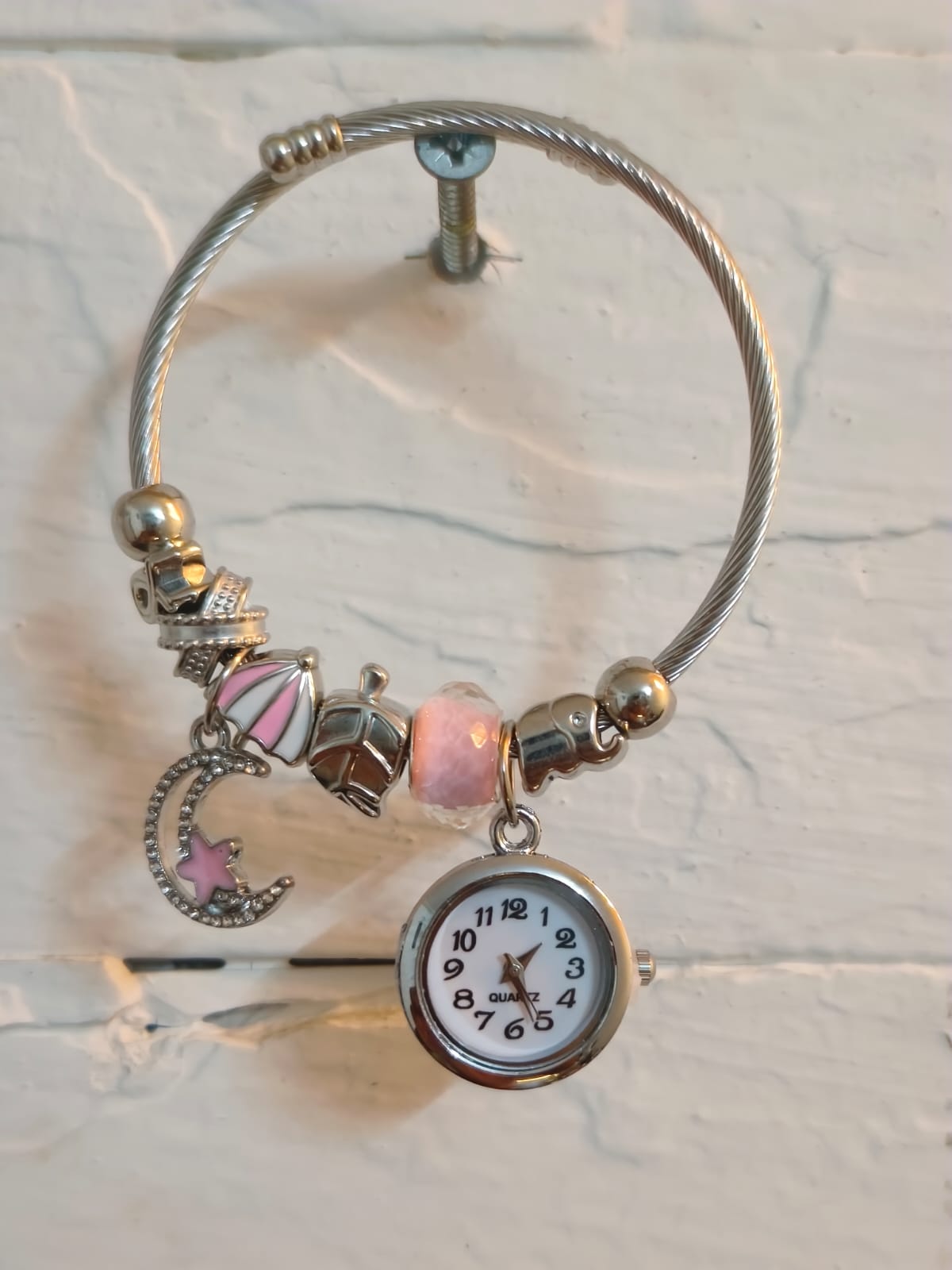 Silver Bracelet Kada with Multiple charms and a Beautiful Nostalgic Watch