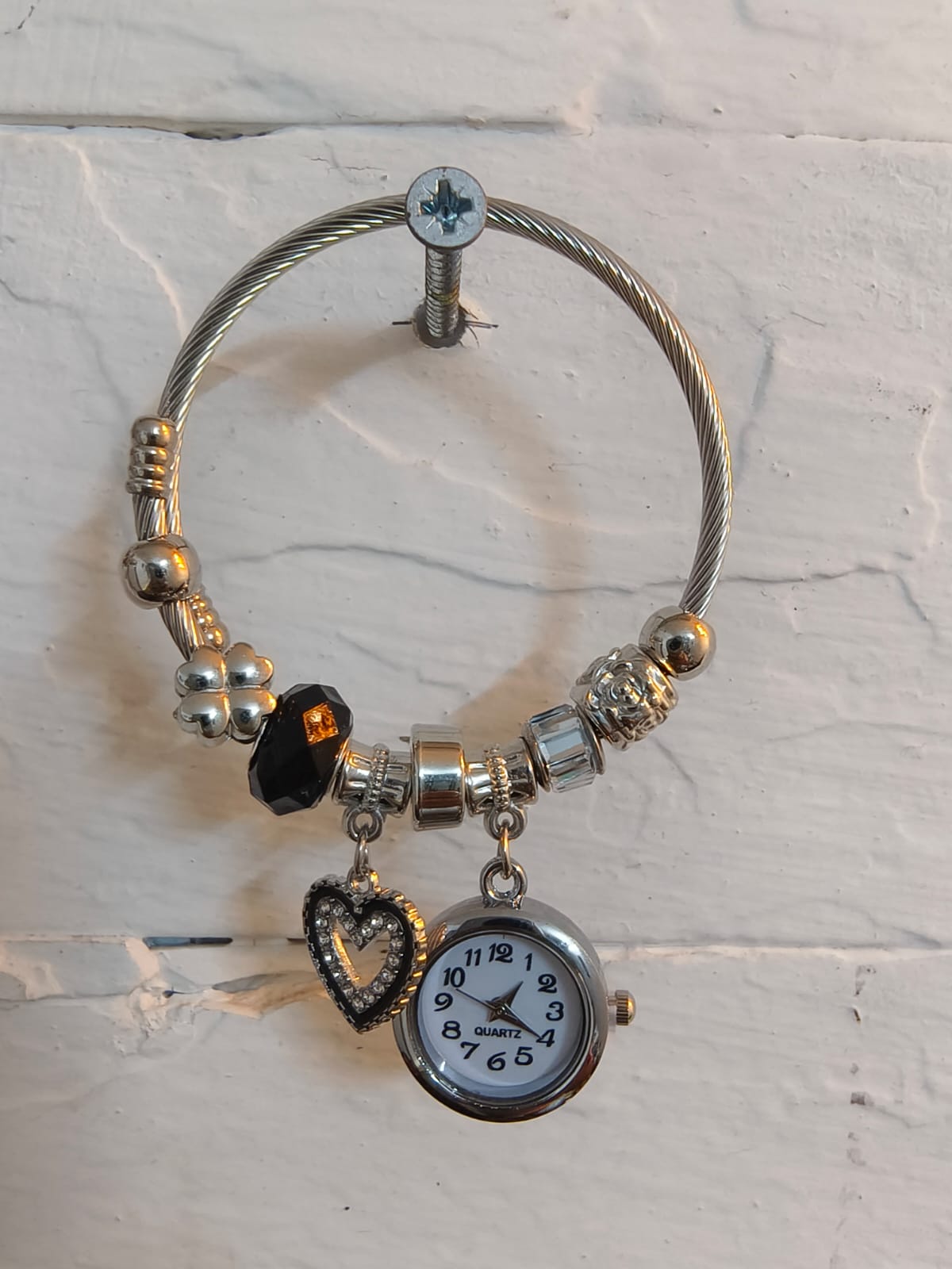 Silver Bracelet Kada with Multiple charms and a Beautiful Nostalgic Watch