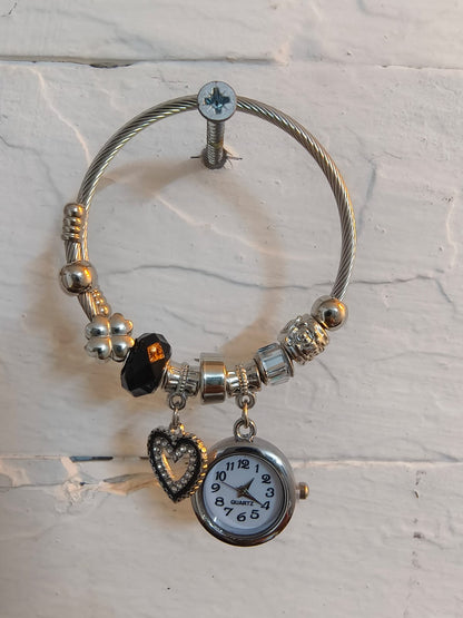 Silver Bracelet Kada with Multiple charms and a Beautiful Nostalgic Watch