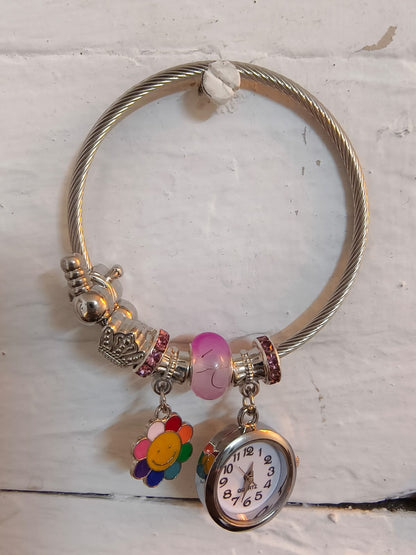 Silver Bracelet Kada with Multiple charms and a Beautiful Nostalgic Watch