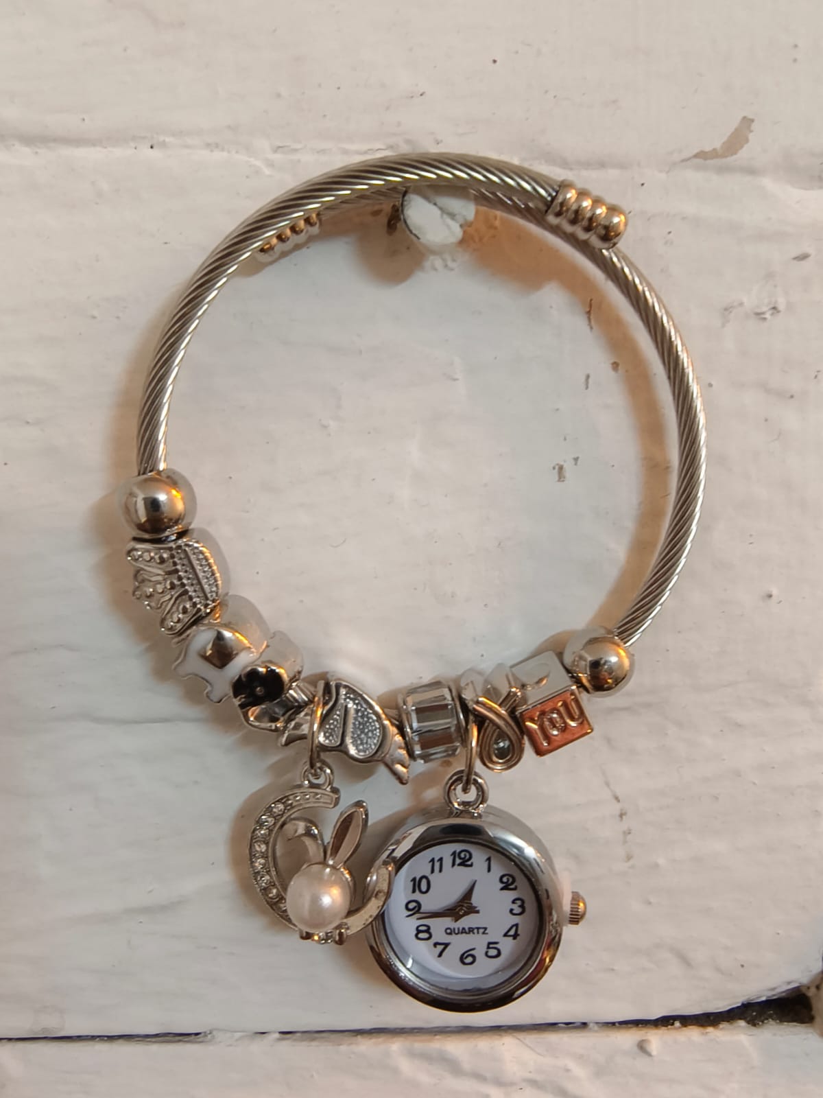 Silver Bracelet Kada with Multiple charms and a Beautiful Nostalgic Watch