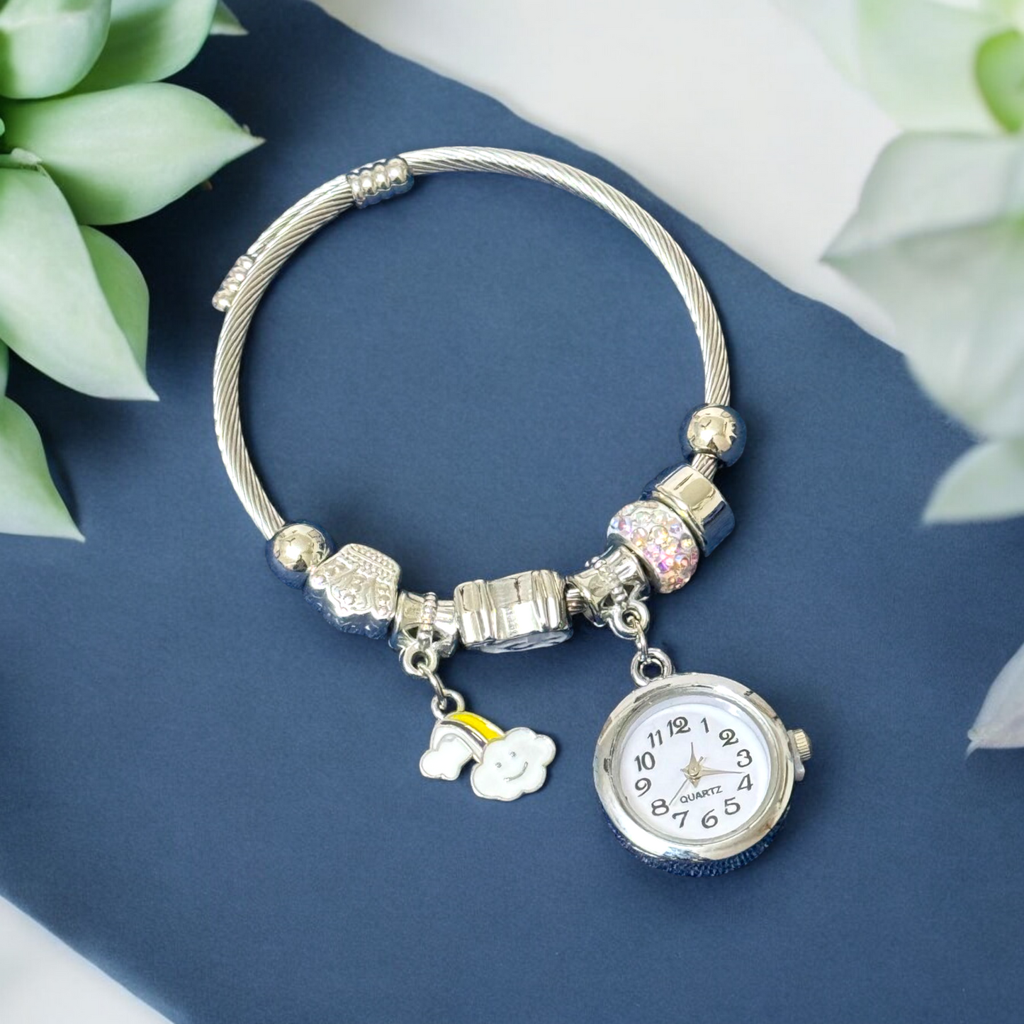 Silver Bracelet Kada with Multiple charms and a Beautiful Nostalgic Watch