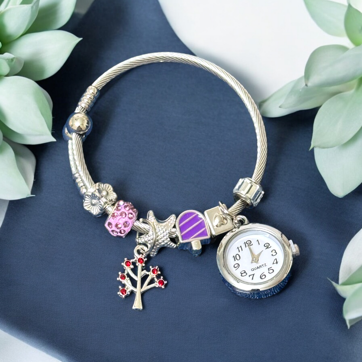 Silver Bracelet Kada with Multiple charms and a Beautiful Nostalgic Watch