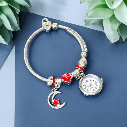 Silver Bracelet Kada with Multiple charms and a Beautiful Nostalgic Watch