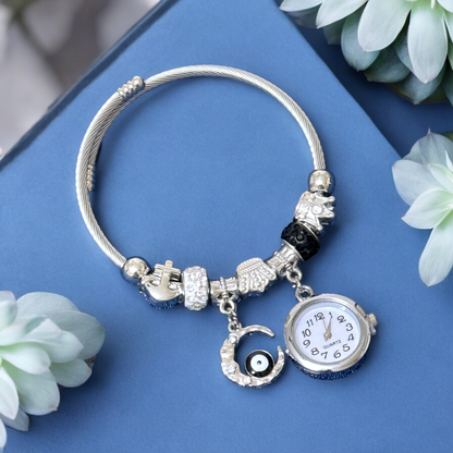 Silver Bracelet Kada with Multiple charms and a Beautiful Nostalgic Watch