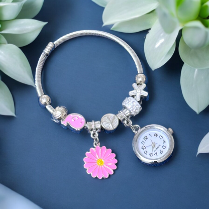 Silver Bracelet Kada with Multiple charms and a Beautiful Nostalgic Watch