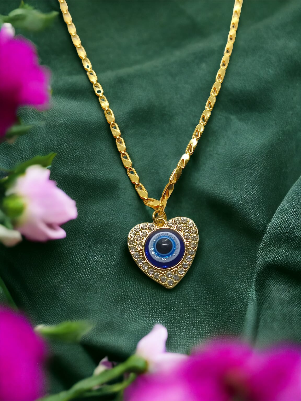 Heart Shaped Evil eye Charms Necklace With Anti tarnish Gold Plated Chain