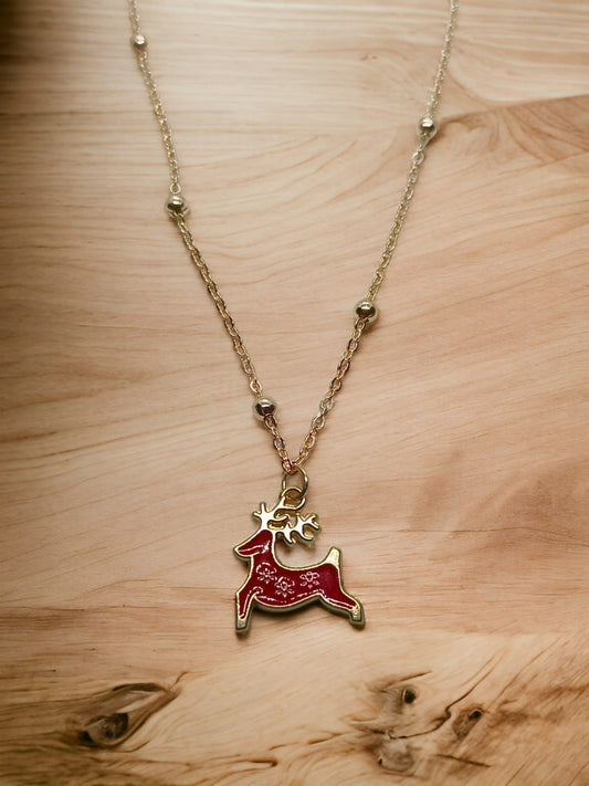 Cute Red Deer Charms Necklace With Anti tarnish Rose gold Chain